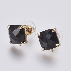 Black Faceted Glass Stud Earring Findings, with Loop, Light Gold Plated Brass Findings, Square, Black, 11x10x5mm, Hole: 1mm, Pin: 0.8mm