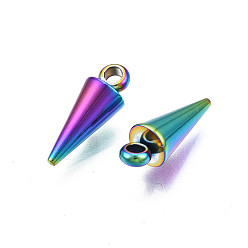 Rainbow Color Ion Plating(IP) 201 Stainless Steel Charms, Cadmium Free & Nickel Free & Lead Free, Cone/Spike, Rainbow Color, 13x5mm, Hole: 1.6mm