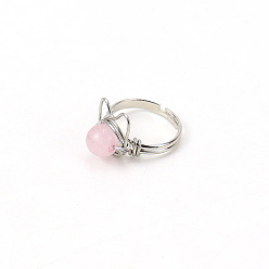 Rose Quartz Natural Rose Quartz Round Bead Rings, Brass Wrapped Rabbit Rings, Adjustable Ring for Women, Inner Diameter: 20mm