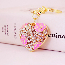 Pink Crystal Rose Flower Alloy Heart Car Keychain Women's Bag Accessory Heart-shaped Couple Pendant