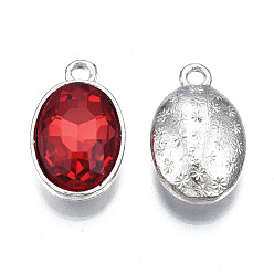 Red Alloy Glass Pendants, Faceted, Oval, Platinum, Cadmium Free & Lead Free, Red, 19x12x6mm, Hole: 1.8mm