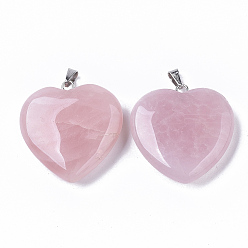 Rose Quartz Natural Rose Quartz Pendants, with Stainless Steel Snap On Bails, Heart, Stainless Steel Color, 31x30x8mm, Hole: 5.5x2.5mm