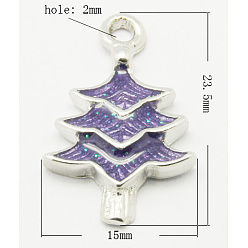 Indigo Brass Enamel Pendants, Lead Free and Nickel Free, Christmas Tree, Platinum Color, Indigo, 23.5x15x3mm, Hole: 2mm