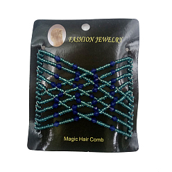Blue Iron Hair Bun Makers, Stretch Double Hair Combs, with Glass seed beads, Blue, 90x80mm