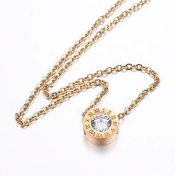 Golden 304 Stainless Steel Cubic Zirconia Pendant Necklaces, Flat Round, Golden, 19.6 inch(50cm)