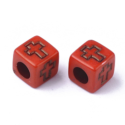 Red Acrylic Beads, Cube with Cross, Red, 6x6x6mm, Hole: 3mm, about 30000pcs/5000g