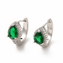 Platinum Green Cubic Zirconia Teardrop Hoop Earrings, Rack Plating Brass Jewelry for Women, Cadmium Free & Lead Free, Platinum, 15.5x9x18mm, Pin: 1mm