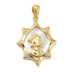 Real 18K Gold Plated Rack Plating Brass Cubic Zirconia Pendants, with Shell, Cadmium Free & Lead Free, Woman, Real 18K Gold Plated, 31x23.5x4mm, Hole: 5.5x4mm