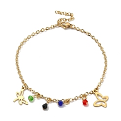 Бабочка Цветные стеклянные бусины и 304 подвеска на ногу из нержавеющей стали с цепочками для женщин, золотые, бабочки, Бабочка: 11.5x13.5x0.7 mm, 8-7/8 дюйм (22.5 см)