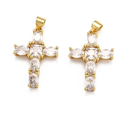 Real 18K Gold Plated Brass Micro Pave Clear Cubic Zirconia Pendants, Long-Lasting Plated, Cross, Real 18K Gold Plated, 26.5x18x4.5mm, Hole: 3x4mm