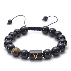 V Natural Black Agate Beaded Bracelet Adjustable Women's Handmade Alphabet Stone Strand Jewelry