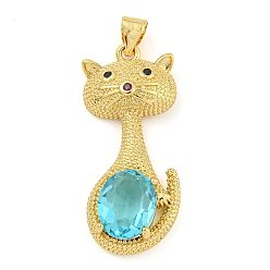 Deep Sky Blue Rack Plating Brass Micro Pave Clear Cubic Zirconia Pendants, with Glass, Long-Lasting Plated, Cadmium Free & Lead Free, Real 18K Gold Plated, Cat Shapes Charms, Deep Sky Blue, 30.5x13x6mm, Hole: 4x3.5mm