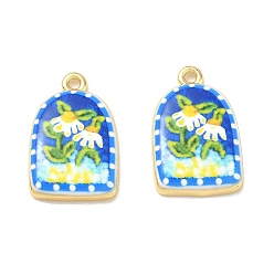 Blue Printed Brass Pendants, Arch with Flower Charms, Rack Plating, Long-Lasting Plated, Lead Free & Cadmium Free, Real 18K Gold Plated, Blue, 22.5x14.5x3.5mm, Hole: 1.5mm