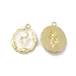 White Alloy Enamel Pandants, with ABS Plastic Imitation Pearl, Lead Free & Cadmium Free, Light Gold, Oval with Flower, White, 23.5x19x4.5mm, Hole: 1.8mm