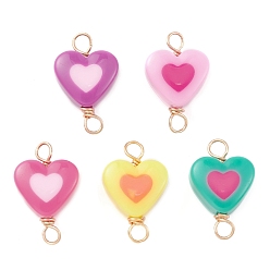 Light Gold Opaque Resin Connector Charms, Heart Links with Copper Wire Loops, Mixed Color, Light Gold, 27x17x11mm, Hole: 3.5mm