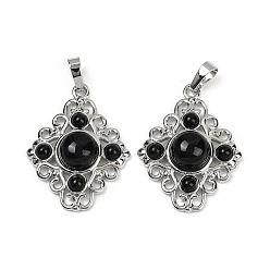 Обсидиан Натуральный черный обсидиан подвески, ромбовидные подвески с латунной фурнитурой, стойки покрытие, платина, 35.5x27x7.5 мм, отверстие : 8.5x4.5 мм