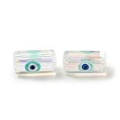 Aquamarine Transparent Glass Beads, with Enamel, Rectangle with Evil Eye Pattern, Aquamarine, 12.5x8x7mm, Hole: 1.5mm