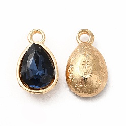 Prussian Blue Faceted Glass Rhinestone Pendants, with Golden Tone Zinc Alloy Findings, Teardrop Charms, Prussian Blue, 15x9x5mm, Hole: 2mm
