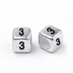 Number Perles acryliques antiques plaquées argent, cube avec numéro noir, num. 3, 6mm, Trou: 3mm, environ150000 pcs / 25000 g