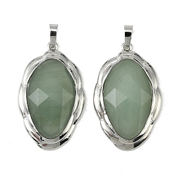 Зеленый Авантюрин Граненые подвески из натурального зеленого авантюрина, латунные овальные подвески в оправе, платина, стойки покрытие, 41x26x7 мм, отверстие : 5x8 мм