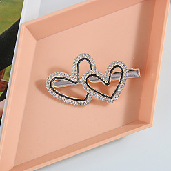 Double Heart Water Diamond Design Black and White Rhinestone Edge Clip with Pearl Flower Duckbill Clip