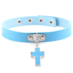 Sky Blue PU Leather Adjustable Choker Necklace, Alloy Cross Pendant Necklace with Stainless Steel Snap Buttons for Women, Sky Blue, 15.75 inch(40cm)