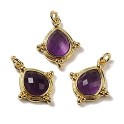 Amethyst Natural Amethyst Faceted Pendants, Rhombus Charms with Rack Plating Golden Tone Brass Findings, Cadmium Free & Lead Free, 19.5x16x5mm, Hole: 3mm