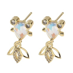 Прозрачный АВ Серьги-гвоздики в форме рыбок из латуни с микропаве из кубических цирконий, со стеклом, стойки покрытие, золотые, ясно AB, 20.5x10.5 мм