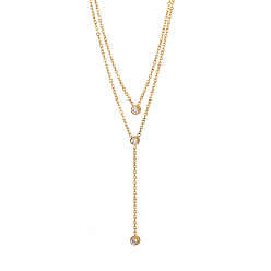 Прозрачный 304 Двухслойное колье из нержавеющей стали с подвеской в форме буквы Y, ожерелья с плоскими круглыми подвесками из кубического циркония, ионное покрытие (ip), реальный 14 k позолоченный, прозрачные, 16.93 дюйм (43 см)