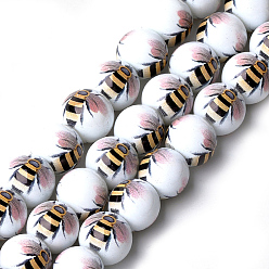 SandyBrown Printed & Spray Painted Glass Beads, Round with Bee Pattern, Rosy Brown, 12~12.5x11.5mm, Hole: 1.4mm