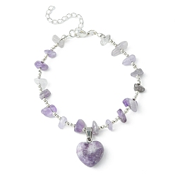 Lilac Jade Natural Lilac Jade Heart Charm Bracelet with Chips Beaded Chains, Brass Bracelet, 9 inch(22.8cm)
