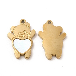 Real 14K Gold Plated Ion Plating(IP) 304 Stainless Steel Pendants, with Shell, Bear Charm, Real 14K Gold Plated, 16x10x1mm, Hole: 1.2mm