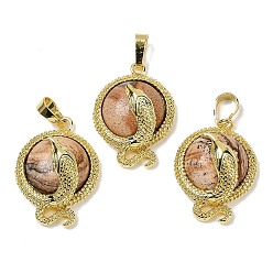 Пейзажный Джаспер Подвески из натуральной яшмы плоской круглой формы из латуни, стойки покрытие, без кадмия и без свинца, золотые, 29.5x21.5x9.5~11 мм, отверстие : 7.5x4.5 мм