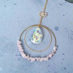 Rose Quartz Double Round Ring Chip Natural Rose Quartz Window Hanging Pendant Decorations, with Glass & Iron Findings, 280mm