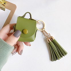 Yellow Green Imitation Leather Wireless Earbud Carrying Case, Earphone Storage Pouch, with Keychain & Tassel, Handbag Shape, Yellow Green, 135mm