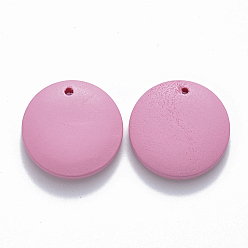 Hot Pink Painted Wood Pendants, Flat Round, Hot Pink, 15x4mm, Hole: 1.5mm