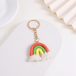 Coral Cotton Rainbow Tassel Keychain, Metal Key Ring Chain, Coral, 9cm