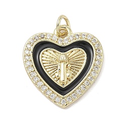 Черный Латунные микро проложить кубического циркония подвески, сердце со святым бенедиктом, с эмалью, стойки покрытие, долговечный, без свинца и без кадмия, реальный 18 k позолоченный, с целью перехода в кольце, чёрные, 20x18.5x3.5 мм, отверстие : 3.2 мм