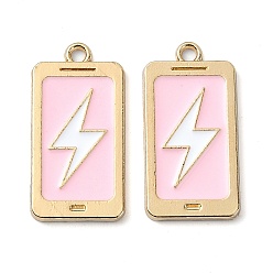 Pink Rack Plating Alloy Enamel Pendants, Nickel Free, Rectangle with Lightning Charm, Golden, Pink, 24x12x1.5mm, Hole: 1.6mm
