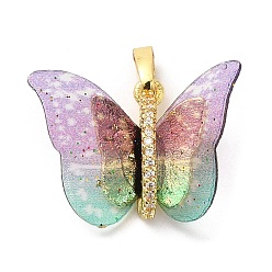 Plum Brass Pendants, with Cubic Zirconia, Film, Long-Lasting Plated, Lead Free & Cadmium Free, Real 18K Gold Plated, Butterfly, Plum, 16~17x23~14x6mm, Hole: 6x3.5mm
