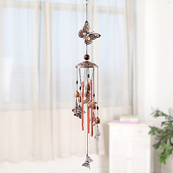 Red Copper Iron Hanging Wind Chime, with Aluminum Tube, Butterfly, Red Copper, 850x112mm