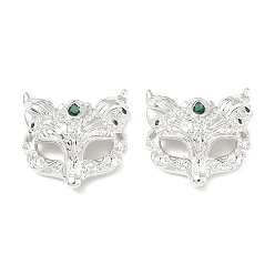 Серебро Подвески-коннекторы в виде маски лисы из латуни с микропаве из зеленого кубического циркония, серебряные, 17.5x18x5.5 мм, отверстие : 1.2 мм