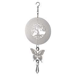 Tree Butterfly 201 Stainless Steel 3D Wind Spinner with Glass Pendant, for Outside Yard and Garden Decoration, Tree, 258mm, Pendant: 205x98x12mm