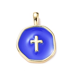 Blue Brass Enamel Pendants, Light Gold, Flat Round with Cross, Blue, 18x13.5x3.5mm, Hole: 2x3.5mm
