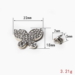 Platinum Alloy Collision Rivets, with Rhinestone, for Clothes Bag Shoes Leather Craft, Butterfly, Platinum, 18x22mm