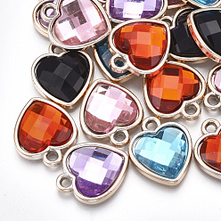 Light Gold UV Plating Acrylic Pendants, with Acrylic Rhinestone, Faceted, Heart, Mixed Color, Light Gold, 20x17x5mm, Hole: 2mm