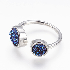 Blue Natural Druzy Agate Cuff Rings, Open Rings, with Real Platinum Plated Brass Findings, Dyed, Size 8, Blue, 18mm