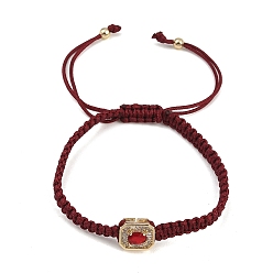 Roja Pulseras rectangulares trenzadas de cuentas con circonitas cúbicas y pavé de latón, pulseras de cuerda de nylon ajustable, larga duración plateado, chapado en rack, dorado, rojo, diámetro interior: 2.05~3.15 pulgada (5.2~8 cm)