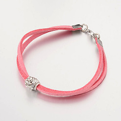 Pink Faux Suede Cord Bracelets Making, with Tibetan Style Alloy Findings and Brass Lobster Clasps, Pink, 185mm