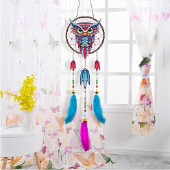 Owl DIY Diamond Painting Web with Feather Wind Chime Kits, Including Resin Rhinestones, Diamond Sticky Pen, Tray Plate and Glue Clay, Owl, Pendant: 545~580mm